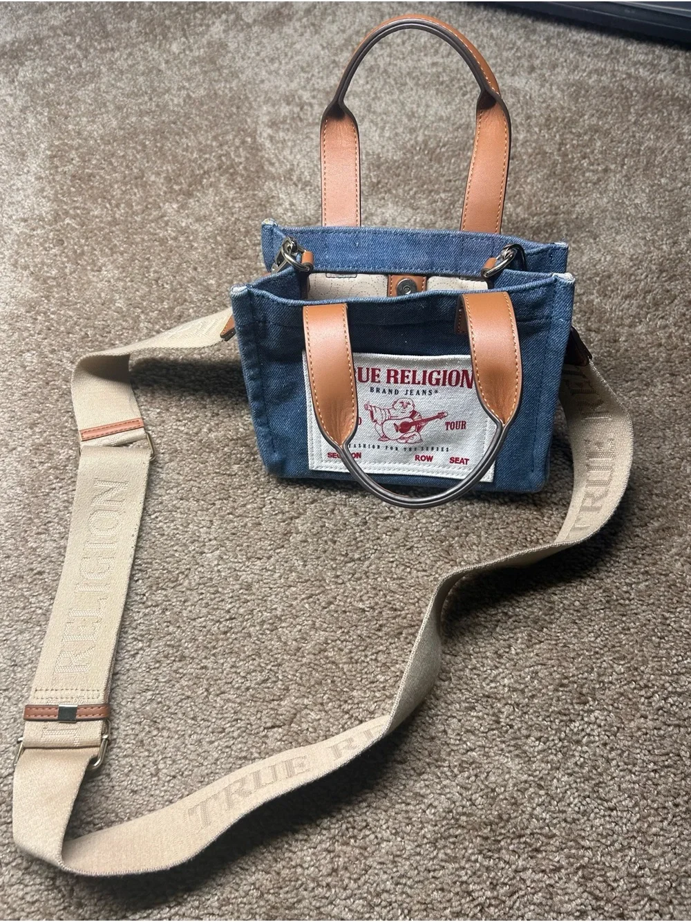 True Religion Blue Denim Mini Messenger Bag with Brown Leather Handles